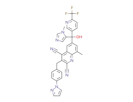 Molecular Structure of 1599531-10-8 (3-(4-(1H-pyrazol-1-yl)benzyl)-6-(hydroxy(1-methyl-1H-imidazol-5-yl)(6-(trifluoromethyl)pyridin-3-yl)methyl)-8-methylquinolin-2,4-dicarbonitrile)