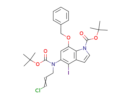 Molecular Structure of 277317-31-4 (7-benzyloxy-5-[<i>tert</i>-butoxycarbonyl-(3-chloro-allyl)-amino]-4-iodo-indole-1-carboxylic acid <i>tert</i>-butyl ester)
