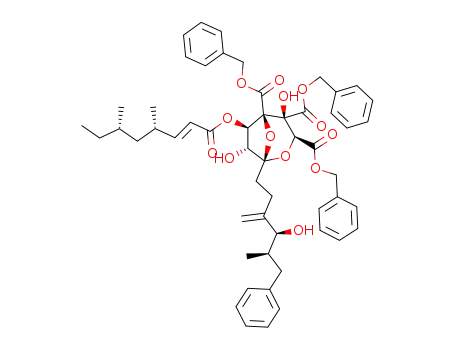 Molecular Structure of 146968-02-7 (<5(2E,4S,6S),7S>-2,7-Anhydro-8,9,10,12,13-pentadeoxy-10-methylene-3,4-bis-C-<(phenylmethoxy)carbonyl>-12-(phenylmethyl)-5-(4,6-dimethyl-2-octenoate)-L-erythro-L-glycero-D-altro-7-trideculo-7,4-furanosonic acid phenylmethyl ester)