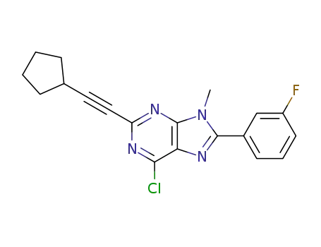 Molecular Structure of 327161-54-6 (6-chloro-2-(2-cyclopentyl-1-ethynyl)-8-(3-fluorophenyl)-9-methyl-9H-purine)