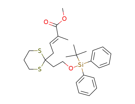 Molecular Structure of 110144-08-6 ((E)-4-{2-[2-(tert-Butyl-diphenyl-silanyloxy)-ethyl]-[1,3]dithian-2-yl}-2-methyl-but-2-enoic acid methyl ester)