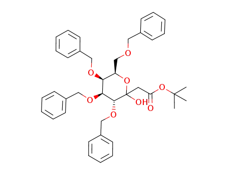 Molecular Structure of 381724-74-9 (((3R,4S,5S,6R)-3,4,5-Tris-benzyloxy-6-benzyloxymethyl-2-hydroxy-tetrahydro-pyran-2-yl)-acetic acid tert-butyl ester)