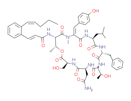 Molecular Structure of 125774-71-2 ((2E)-N-[(18Z)-6-(2-amino-2-oxoethyl)-12-benzyl-9-(1-hydroxyethyl)-3-(hydroxymethyl)-18-[(4-hydroxyphenyl)methylidene]-19,22-dimethyl-15-(2-methylpropyl)-2,5,8,11,14,17,20-heptaoxo-1-oxa-4,7,10,13,16,19-hexaazacyclodocosan-21-yl]-3-{2-[(1E)-pent-1-en-1-yl])