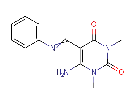 Molecular Structure of 132124-82-4 (2,4(1H,3H)-Pyrimidinedione,
6-amino-1,3-dimethyl-5-[(phenylimino)methyl]-)
