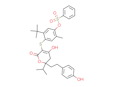 Molecular Structure of 263842-82-6 (5-tert-butyl-4-({6-hydroxy-2-[2-(4-hydroxyphenyl)ethyl]-2-(1-methylethyl)-4-oxo-3,4-dihydro-2H-pyran-5-yl}sulfanyl)-2-methylphenyl benzenesulfonate)