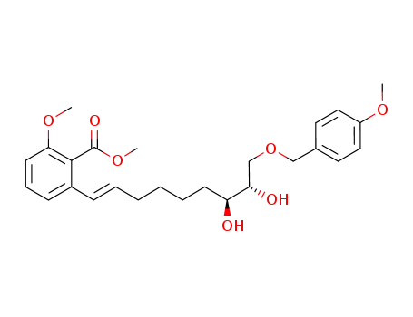 Molecular Structure of 366800-16-0 (Benzoic acid,
2-[(1E,7S,8S)-7,8-dihydroxy-9-[(4-methoxyphenyl)methoxy]-1-nonenyl]-
6-methoxy-, methyl ester)