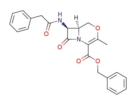 Molecular Structure of 62283-10-7 (4-Oxa-1-azabicyclo[4.2.0]oct-2-ene-2-carboxylic acid,
3-methyl-8-oxo-7-[(phenylacetyl)amino]-, phenylmethyl ester, trans-)