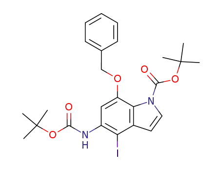 Molecular Structure of 277317-27-8 (1-(tert-butyloxycarbonyl)-5-[(tert-butyloxycarbonyl)amino]-7-(benzyloxy)-4-iodoindole)