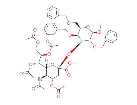 Molecular Structure of 108999-08-2 (methyl 2,4,6-tri-O-benzyl-3-O-<methyl (5-acetamido-4,7,8,9-tetra-O-acetyl-3,5-dideoxy-β-D-glycero-D-galacto-2-nonulopyranosyl)onate>-β-D-galactopyranoside)