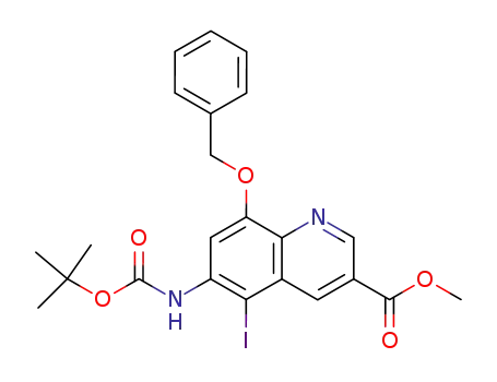Molecular Structure of 227084-56-2 (methyl 8-(benzyloxy)-6-(N-(tert-butyloxycarbonyl)amino)-5-iodoquinoline-3-carboxylate)