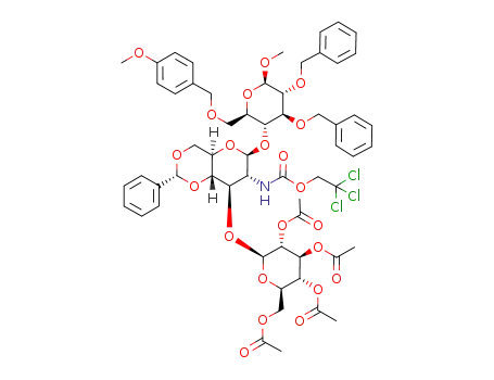 Molecular Structure of 273749-54-5 (methyl O-(2,3,4,6-tetra-O-acetyl-β-D-glucopyranosyl)-(1->3)-(4,6-O-benzylidene-2-deoxy-2-(2,2,2-trichloroethoxycarbonylamino)-β-D-glucopyanosyl)-(1->4)-2,3-di-O-benzyl-6-O-(4-methoxybenzyl)-β-D-glucopyranoside)
