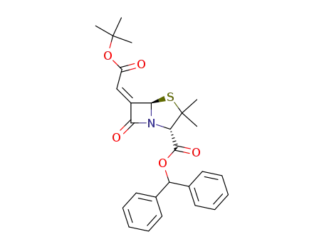 Molecular Structure of 167028-46-8 (4-Thia-1-azabicyclo[3.2.0]heptane-2-carboxylic acid,
6-[2-(1,1-dimethylethoxy)-2-oxoethylidene]-3,3-dimethyl-7-oxo-,
diphenylmethyl ester, (2S,5R,6Z)-)