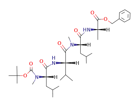 Molecular Structure of 81143-02-4 (L-Alanine,
N-[N-[N-[N-[(1,1-dimethylethoxy)carbonyl]-N-methyl-L-leucyl]-L-valyl]-N-
methyl-L-leucyl]-, phenylmethyl ester)