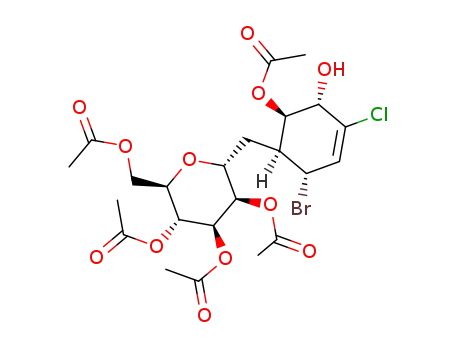 (+)-(1R,2S,5R,6S)-5-bromo-3-chloro-2-hydroxy-6-(1',3',4',5'-tetra-O-acetyl-2',6'-anhydro-7'-deoxy-D-glycero-D-manno-heptitol-7'-C-yl)cyclohex-3-en-7-yl acetate
