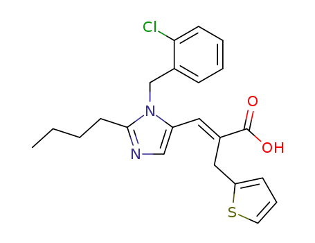 Molecular Structure of 133040-10-5 (2-Thiophenepropanoic acid,
a-[[2-butyl-1-[(2-chlorophenyl)methyl]-1H-imidazol-5-yl]methylene]-, (E)-)