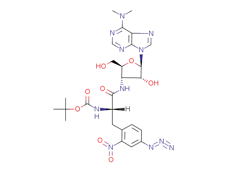 Molecular Structure of 76381-71-0 (6-(dimethylamino)-9-<3'-<<N-(tert-butyloxycarbonyl)-4-azido-2-nitro-L-phenylalanyl>amino>-3'-deoxy-β-D-ribofuranosyl>purine)