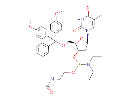 Molecular Structure of 340026-86-0 (Diethyl-phosphoramidous acid 2-acetylamino-ethyl ester (2R,3S,5R)-2-[bis-(4-methoxy-phenyl)-phenyl-methoxymethyl]-5-(5-methyl-2,4-dioxo-3,4-dihydro-2H-pyrimidin-1-yl)-tetrahydro-furan-3-yl ester)