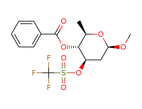 Molecular Structure of 102650-55-5 (Benzoic acid (2R,3R,4R,6R)-6-methoxy-2-methyl-4-trifluoromethanesulfonyloxy-tetrahydro-pyran-3-yl ester)