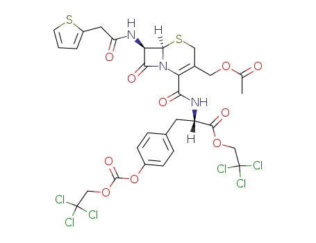 Molecular Structure of 113322-17-1 ((S)-2-{[(6R,7R)-3-Acetoxymethyl-8-oxo-7-(2-thiophen-2-yl-acetylamino)-5-thia-1-aza-bicyclo[4.2.0]oct-2-ene-2-carbonyl]-amino}-3-[4-(2,2,2-trichloro-ethoxycarbonyloxy)-phenyl]-propionic acid 2,2,2-trichloro-ethyl ester)