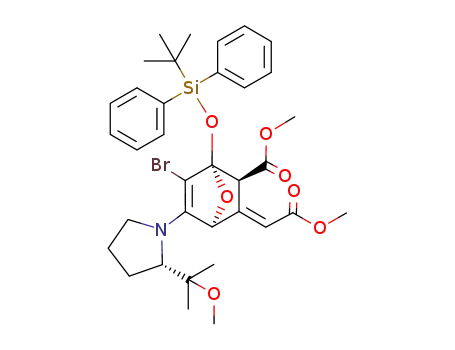 Molecular Structure of 160860-71-9 ((1S,2S,4S)-6-Bromo-1-(tert-butyl-diphenyl-silanyloxy)-3-[1-methoxycarbonyl-meth-(E)-ylidene]-5-[(S)-2-(1-methoxy-1-methyl-ethyl)-pyrrolidin-1-yl]-7-oxa-bicyclo[2.2.1]hept-5-ene-2-carboxylic acid methyl ester)