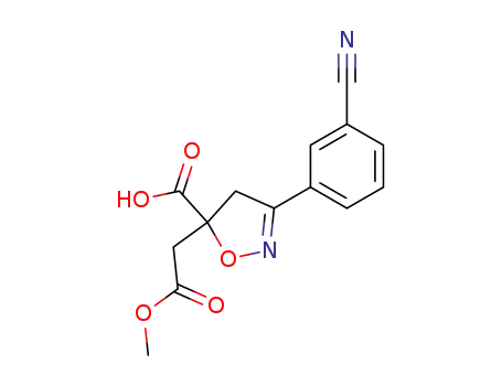 Molecular Structure of 193006-24-5 (3-(3-cyanophenyl)-5-(carbomethoxymethyl)isoxazoline-5-carboxylic acid)