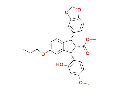 Molecular Structure of 167256-05-5 (METHYL (1S,2S)-1-(1,3-BENZODIOXOL-5-YL)-3-(2-HYDROXY-4-METHOXYPHENYL)-5-PROPOXYINDANE-2-CARBOXYLATE)