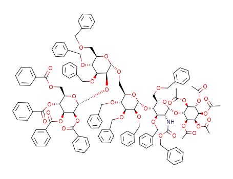 Molecular Structure of 123487-62-7 (O-(2,3,4,6-tetra-O-benzoyl-α-D-mannopyranosyl)-(1-2)-O-(3,4,6-tri-O-benzyl-α-D-mannopyranosyl)-(1-6)-O-(2,3,4-tri-O-benzyl-α-D-mannopyranosyl)-(1-4)-O-(3,6-di-O-benzyl-2-<(benzyloxycarbonyl)amino>-2-deoxy-α-D-glucopyranosyl)-(1-6)-1,2,3,4,5-pent)