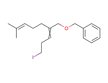 Molecular Structure of 138435-41-3 (Benzene, [[[2-(3-iodopropylidene)-6-methyl-5-heptenyl]oxy]methyl]-, (E)-)
