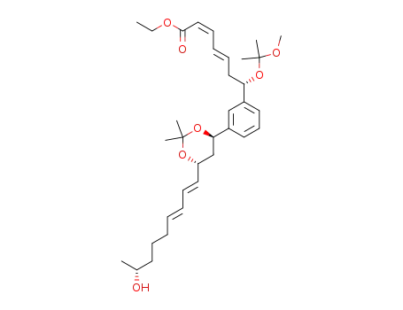 Molecular Structure of 667419-37-6 (2,4-Heptadienoic acid,
7-[3-[(4R,6R)-6-[(1E,3E,8R)-8-hydroxy-1,3-nonadienyl]-2,2-dimethyl-1,
3-dioxan-4-yl]phenyl]-7-(1-methoxy-1-methylethoxy)-, ethyl ester,
(2Z,4E,7S)-)