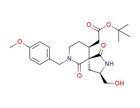 Molecular Structure of 398476-18-1 (2,7-Diazaspiro[4.5]decane-10-acetic acid,
3-(hydroxymethyl)-7-[(4-methoxyphenyl)methyl]-1,6-dioxo-,
1,1-dimethylethyl ester, (3R,5S,10S)-)