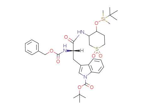 Molecular Structure of 868700-42-9 (3-{2-benzyloxycarbonylamino-2-[4-(<i>tert</i>-butyl-dimethyl-silanyloxy)-1,1-dioxo-hexahydro-1λ<sup>6</sup>-thiopyran-3-ylcarbamoyl]-ethyl}-indole-1-carboxylic acid <i>tert</i>-butyl ester)