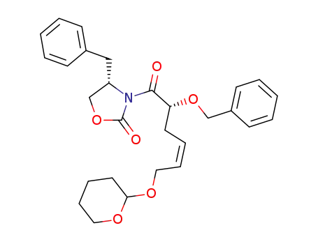 Molecular Structure of 832151-52-7 (2-Oxazolidinone,
3-[(2R,4Z)-1-oxo-2-(phenylmethoxy)-6-[(tetrahydro-2H-pyran-2-yl)oxy]-4
-hexenyl]-4-(phenylmethyl)-, (4S)-)