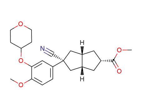 Molecular Structure of 439919-82-1 (methyl (2s,3aR,5r,6aS)-5-cyano-5-[4-methoxy-3-(tetrahydro-2H-pyran-4-yloxy)phenyl]octahydropentalene-2-carboxylate)