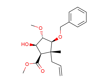 Molecular Structure of 847845-10-7 (Cyclopentanecarboxylic acid,
5-hydroxy-4-methoxy-2-methyl-3-(phenylmethoxy)-2-(2-propenyl)-,
methyl ester, (1R,2R,3S,4S,5R)-)