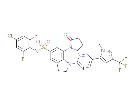 Molecular Structure of 1800025-30-2 (N-(4-chloro-2,6-difluorophenyl)-1-{5-[1-methyl-3-(trifluoromethyl)-1H-pyrazol-5-yl]pyrimidin-2-yl}-7-(2-oxopyrrolidin-1-yl)-2,3-dihydro-1H-indole-5-sulfonamide)