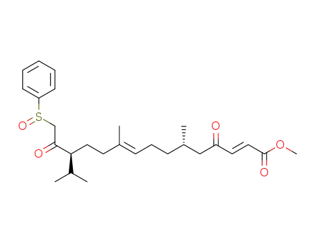 Molecular Structure of 646519-68-8 (2,9-Pentadecadienoic acid,
6,10-dimethyl-13-(1-methylethyl)-4,14-dioxo-15-(phenylsulfinyl)-, methyl
ester, (2E,6S,9E,13S)-)