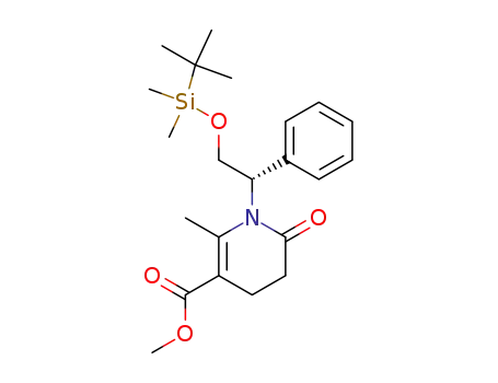 Molecular Structure of 595582-03-9 (1-[2-(tert-butyl-dimethyl-silanyloxy)-(1S)-phenyl-ethyl]-2-methyl-6-oxo-1,4,5,6-tetrahydro-pyridine-3-carboxylic acid methyl ester)