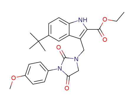 Molecular Structure of 648417-12-3 (1H-Indole-2-carboxylic acid,
5-(1,1-dimethylethyl)-3-[[3-(4-methoxyphenyl)-2,4-dioxo-1-imidazolidinyl
]methyl]-, ethyl ester)