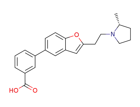 Molecular Structure of 460748-55-4 (Benzoic acid,
3-[2-[2-[(2R)-2-methyl-1-pyrrolidinyl]ethyl]-5-benzofuranyl]-)