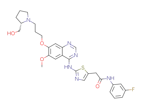 Molecular Structure of 385782-93-4 (N-(3-fluorophenyl)-2-{2-[(7-{3-[(2S)-2-(hydroxymethyl)pyrrolidin-1-yl]propoxy}-6-methoxyquinazolin-4-yl)amino]-1,3-thiazol-5-yl}acetamide)