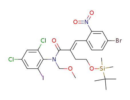 Molecular Structure of 1027600-54-9 (3-(4-bromo-2-nitrophenyl)-2-[2-(tert-butyldimethylsilanyloxy)ethyl]-N-(2,4-dichloro-6-iodophenyl)-N-methoxymethacrylamide)
