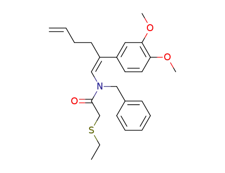 Molecular Structure of 499993-25-8 (Acetamide,
N-[(1Z)-2-(3,4-dimethoxyphenyl)-1,5-hexadienyl]-2-(ethylthio)-N-(phenyl
methyl)-)