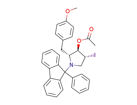 Molecular Structure of 853092-42-9 ((2R,3R,4R)-N-(9-phenylfluoren-9-yl)-3-acetoxy-4-iodo-2-(p-methoxybenzyl)pyrrolidine)