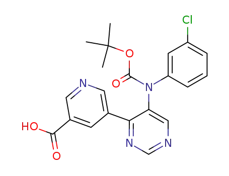 Molecular Structure of 405939-70-0 (3-Pyridinecarboxylic acid,
5-[5-[(3-chlorophenyl)[(1,1-dimethylethoxy)carbonyl]amino]-4-pyrimidinyl
]-)