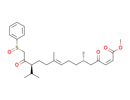 Molecular Structure of 646519-67-7 (2,9-Pentadecadienoic acid,
6,10-dimethyl-13-(1-methylethyl)-4,14-dioxo-15-(phenylsulfinyl)-, methyl
ester, (2Z,6S,9E,13S)-)