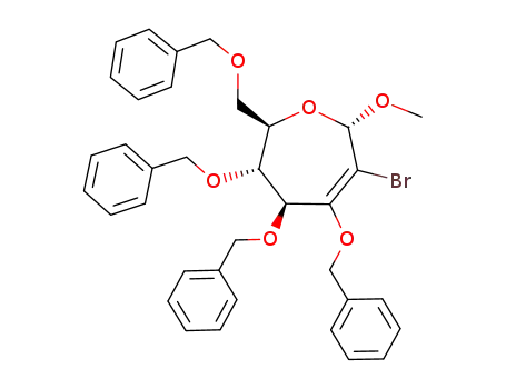 Molecular Structure of 946416-33-7 (methyl 2-bromo-2-deoxy-3,4,5,7-tetra-O-benzyl-α-D-arabino-hept-2-enoseptanoside)