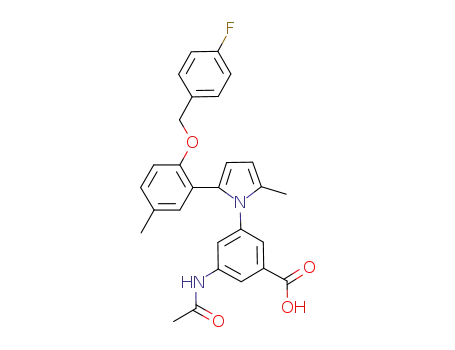 Molecular Structure of 632624-91-0 (3-{2-[5-methyl-2-(4-fluorobenzyloxy)phenyl]-5-methyl-pyrrol-1-yl}-5-acetylaminobenzoic acid)