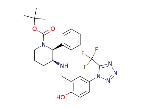 Molecular Structure of 262598-92-5 (1-Piperidinecarboxylic acid,
3-[[[2-hydroxy-5-[5-(trifluoromethyl)-1H-tetrazol-1-yl]phenyl]methyl]amino
]-2-phenyl-, 1,1-dimethylethyl ester, (2S,3S)-)