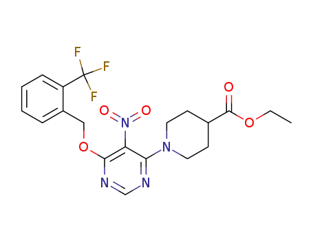 Molecular Structure of 733748-12-4 (1-[5-nitro-6-(2-trifluoromethyl-benzyloxy)-pyrimidin-4-yl]-piperidine-4-carboxylic acid ethyl ester)