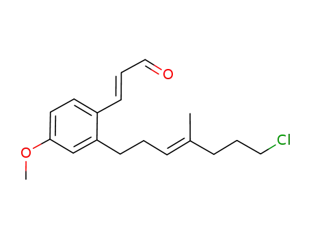 Molecular Structure of 921229-23-4 (2-Propenal,
3-[2-[(3E)-7-chloro-4-methyl-3-hepten-1-yl]-4-methoxyphenyl]-, (2E)-)